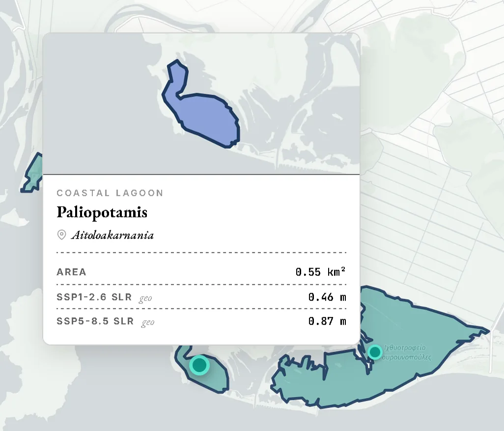 Coastal Lagoons WebGIS detail record for Paliopotamis with its mapped boundary and sea-level-rise attributes