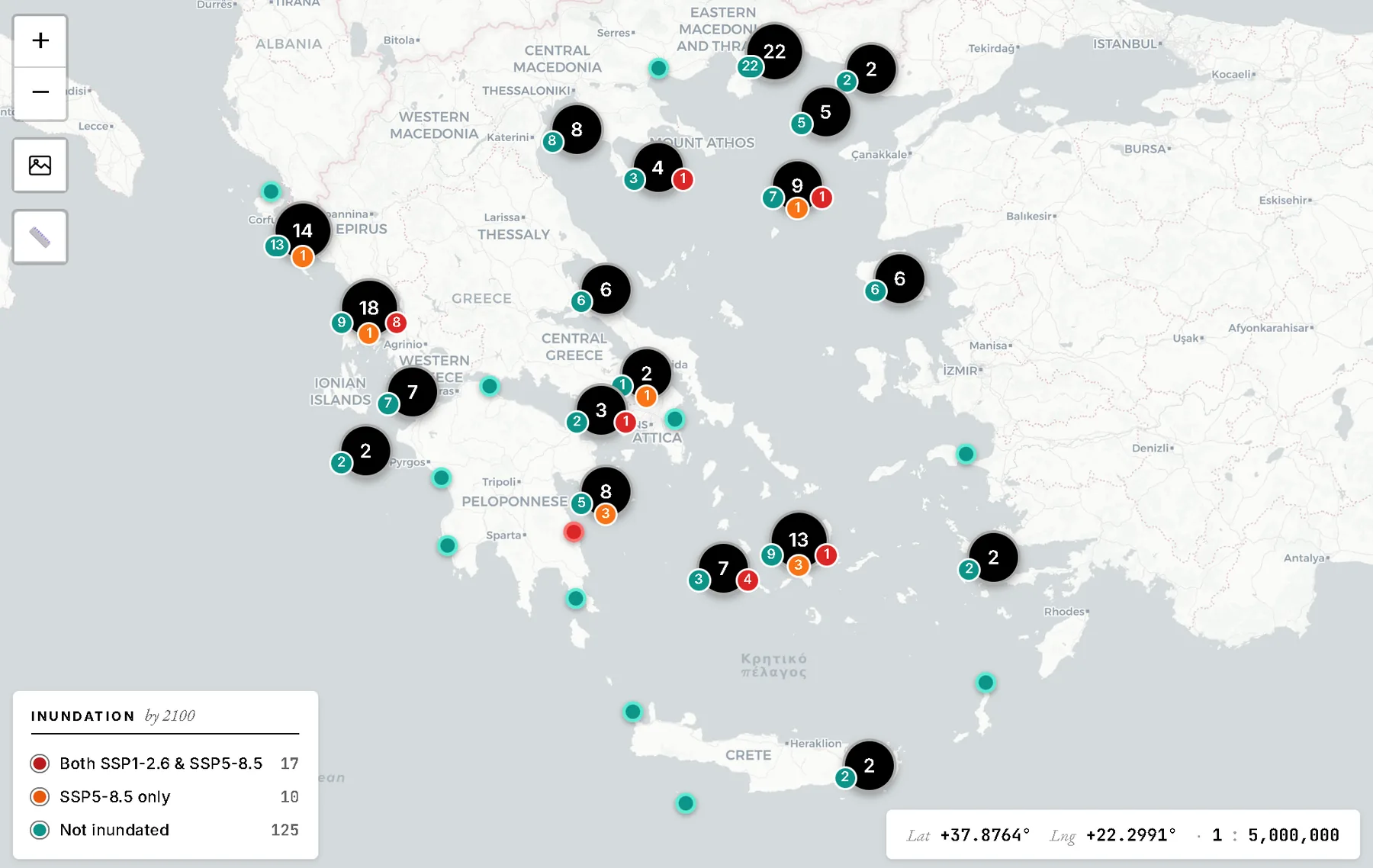 Coastal Lagoons of Greece WebGIS national inventory map with lagoon clusters and projected inundation categories